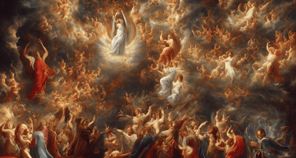 AI generated: heaven and hell, one angel is leading other angels, saints worshipping God seated on His throne of g...