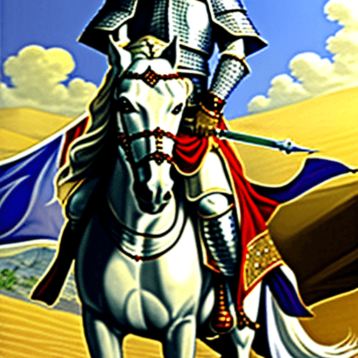 AI generated: Portrait image of a Mughal nobleman, clad in chainmail armor and mounted atop a white horse, armed w...
