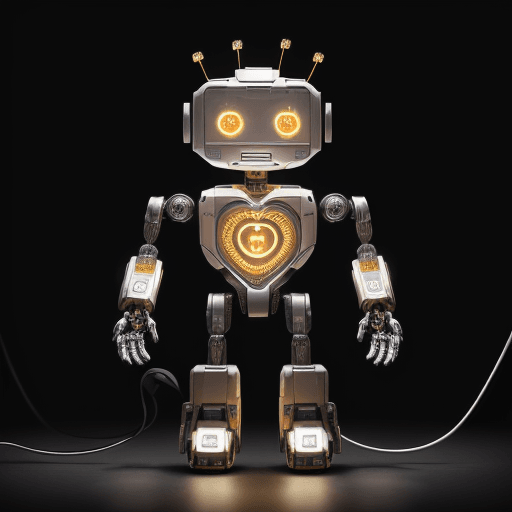 AI generated: A robot with a coin or token in place of a heart inside its metallic chest, standing in front of a b...
