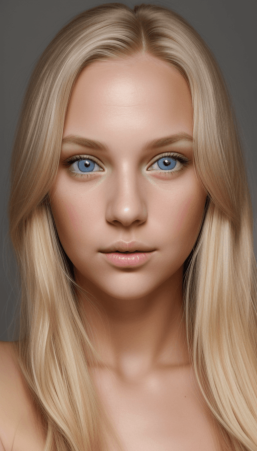 AI generated: full length beauty shot of young blonde woman with wild cropped blonde hair, natural detailed grey e...