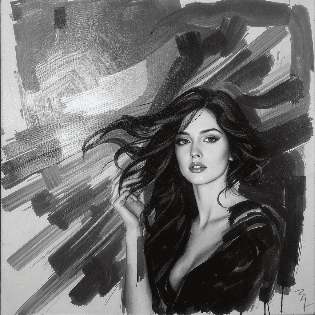 AI generated: black and white paper with diagonal flat wash brushstrokes painted blue, red and yellow canvas overl...