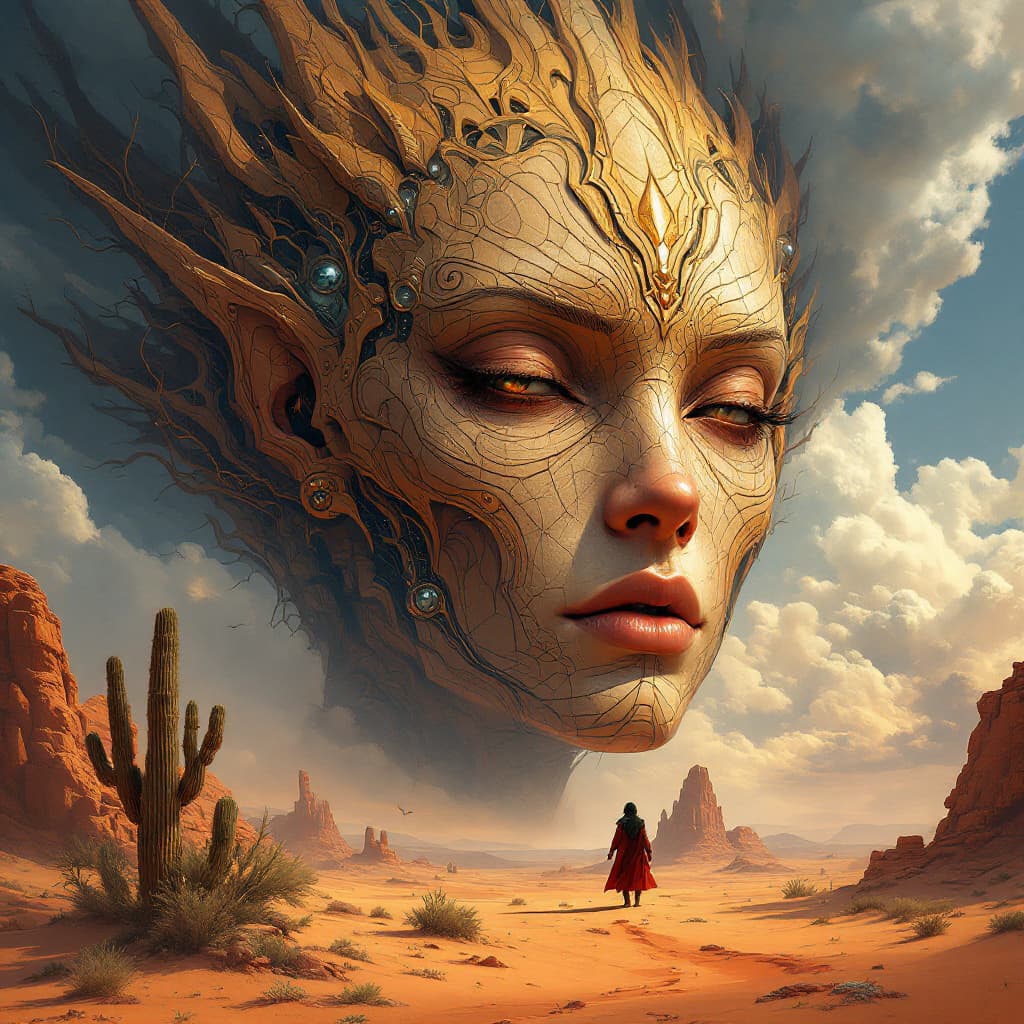 AI generated: large humanoid face with detailed and complex facial in the desert, a fantasy landscape in the style...