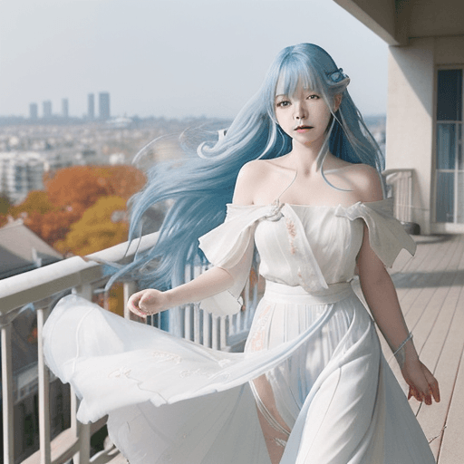 AI generated: A woman with long, flowing blue hair stands on a balcony overlooking a cityscape, with autumn leaves...