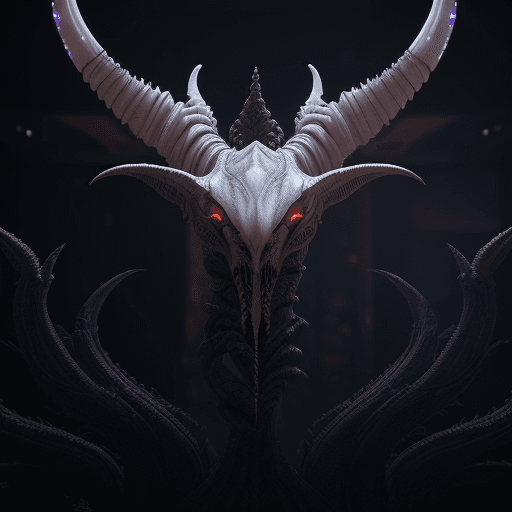 AI generated: symmetrical fractal spikes, baphomet, xenomorph, ornate, cinematic lighting, white lights, dark, ext...