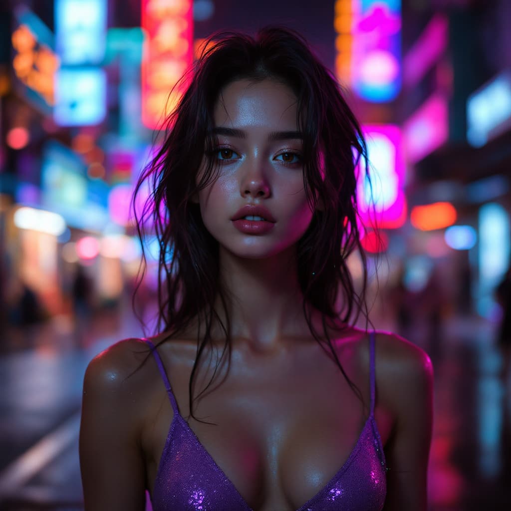 AI generated: a girl in a purple top in a neon city,in the style of chinapunk,iconic album covers,soft-focus portr...