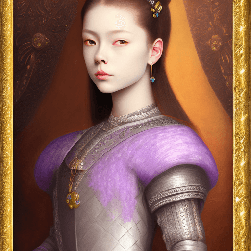 AI generated: oil painting, emperor's daughter, 16 years old, medieval ball lilac dress, brunette high hairstyle, ...