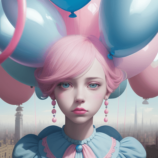 AI generated: a design of a woman's head with ballons on her head, in the style of surreal city scenes, light blue...