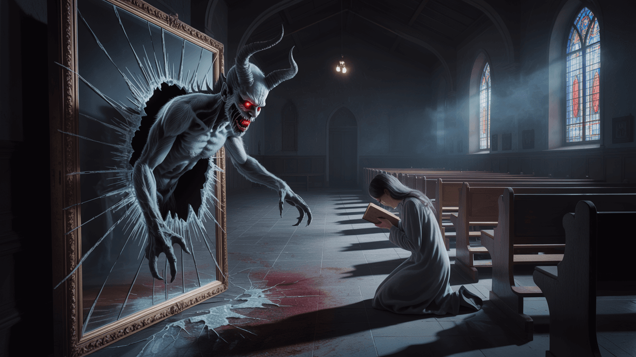 AI generated: a demon climbing through a mirror into a church to prey on a moarning woman.