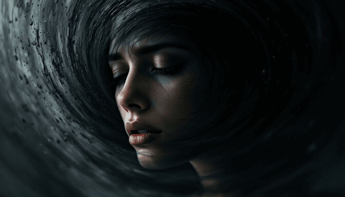 AI generated: A photorealistic woman with sorrow represented by a dark vortex emanating from her, a whirlpool of p...