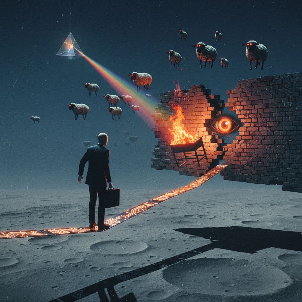 AI generated: A chaotic, surreal, and illogical scene inspired by Pink Floyd's '70s album art. In the foreground, ...