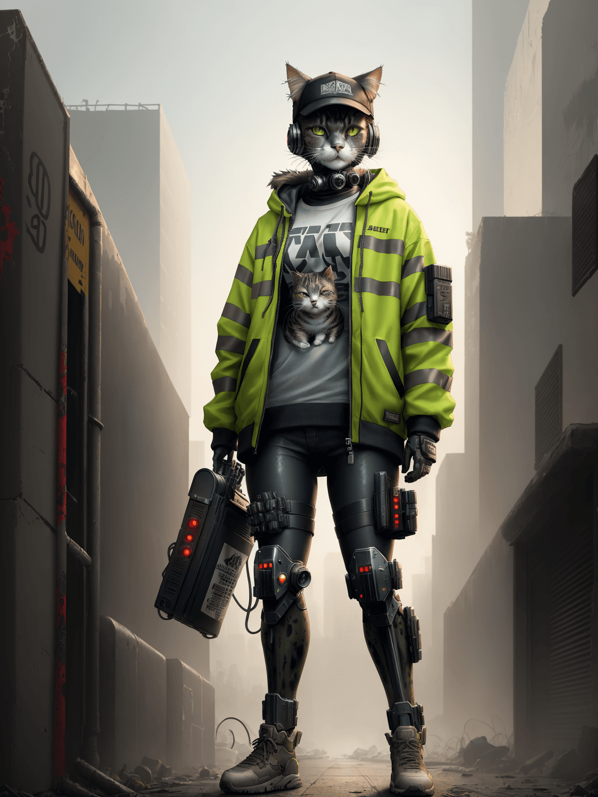AI generated: Cyberpunk style, a (cat:1.3) standing on a skateboard, wearing a backwards baseball cap and holding ...