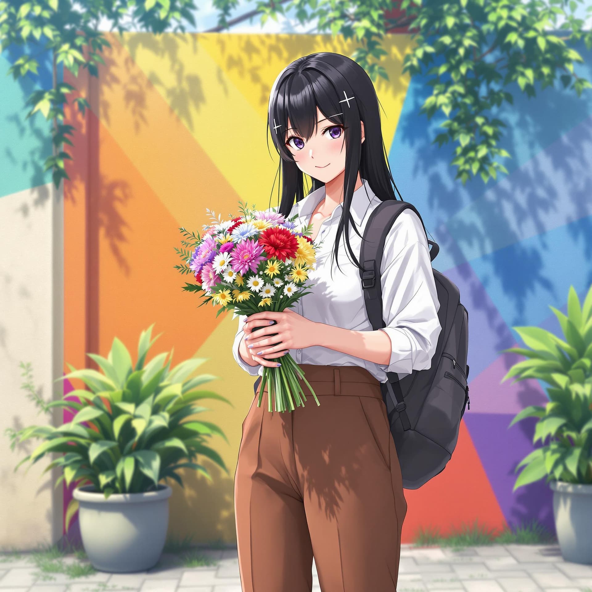 AI generated: In the image, ((full body:1.4)), anime seen standing outdoors, holding a bouquet of flowers. black h...