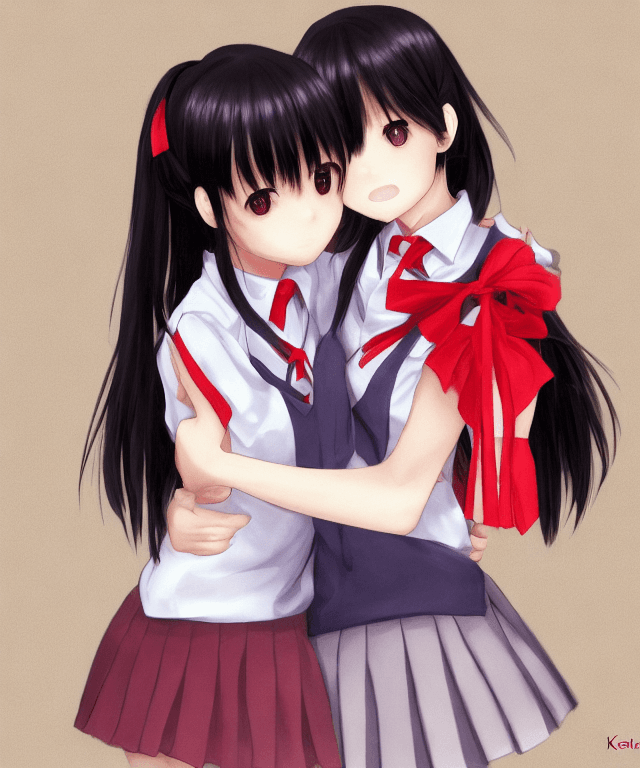 AI generated: 2girls, classroom, by kaisen chuui, red ribbon, white collar shirt, pleated skirt, eyes, bangs, emot...