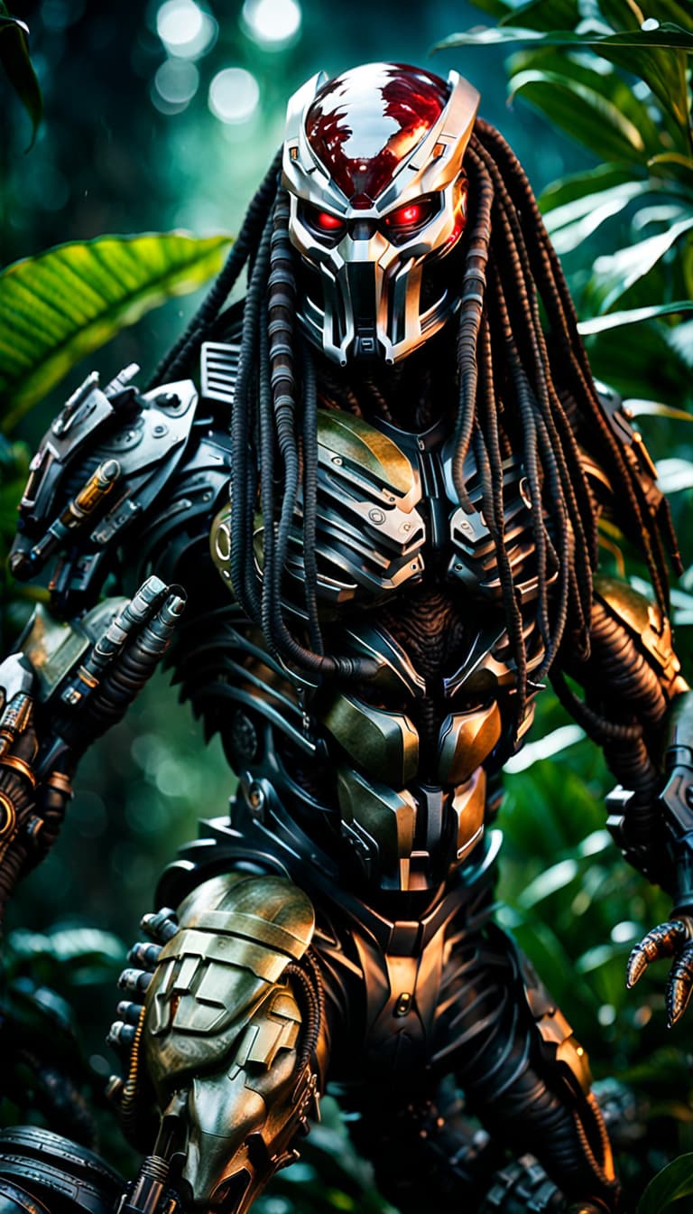 AI generated: 50mm portrait photograph, the iconic highly detailed cinematic rendering of Predator, wet iconic dar...