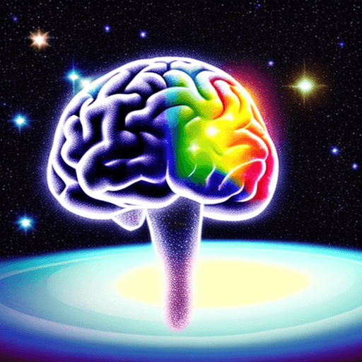 AI generated: foreground: brain on a shiny white floor.
background: galaxy in space