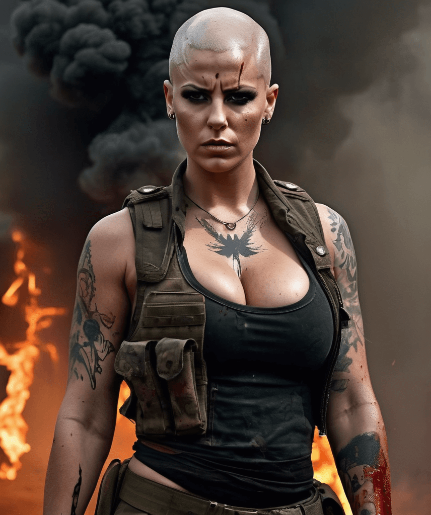 AI generated: Woman, bald head, huge breasts, muscular, dark nipples, dirt, blood, scratches, wounds, flawless fac...