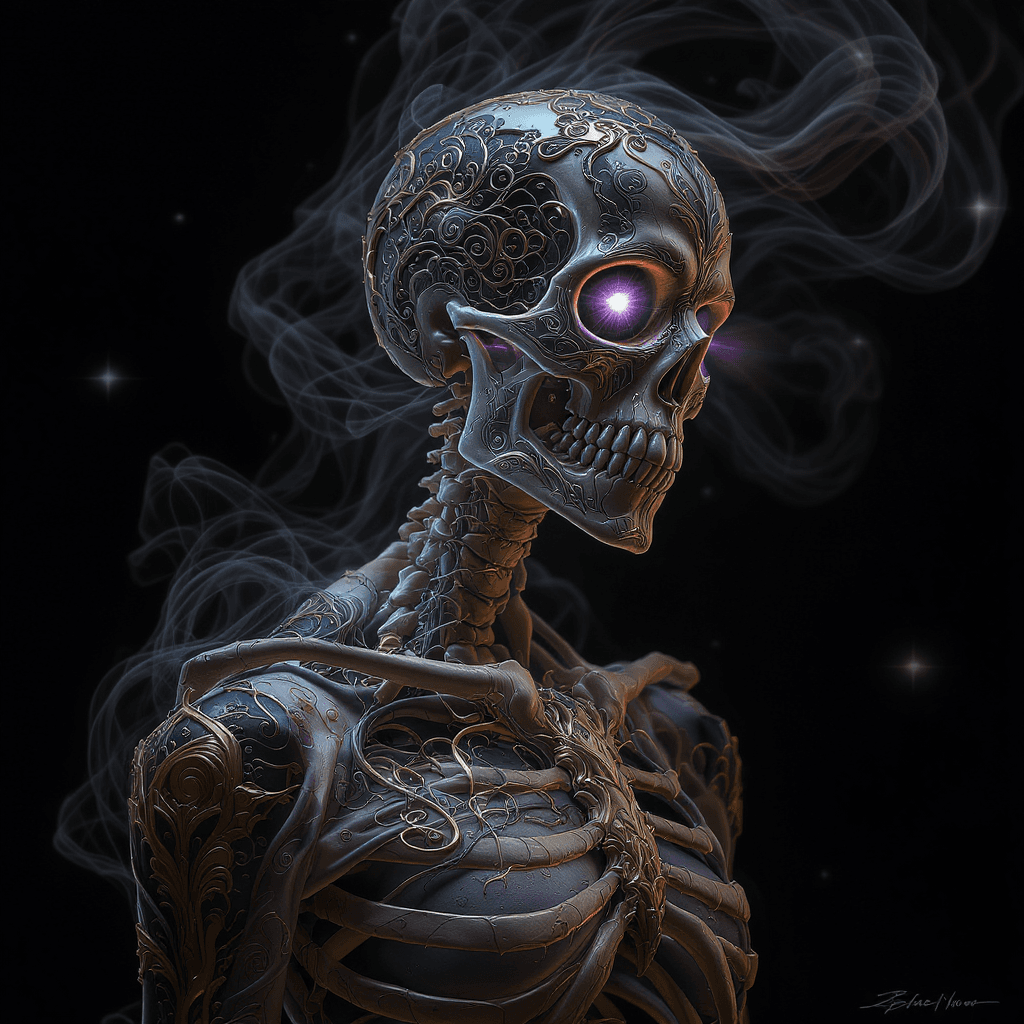 AI generated: Skeleton Tattooed with ornate abstract Contemporary designs. Dramatic lighting, flowing, 3D depth, c...