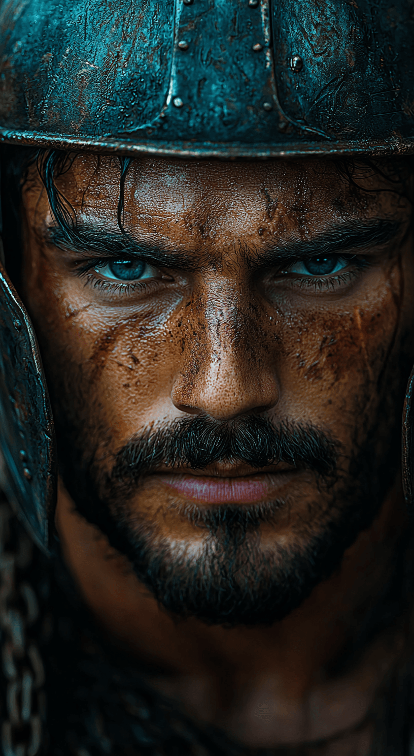 AI generated: ultra close-up of a handsome gladiator wearing a helmut after battle, ultra-realistic, portrait, sho...