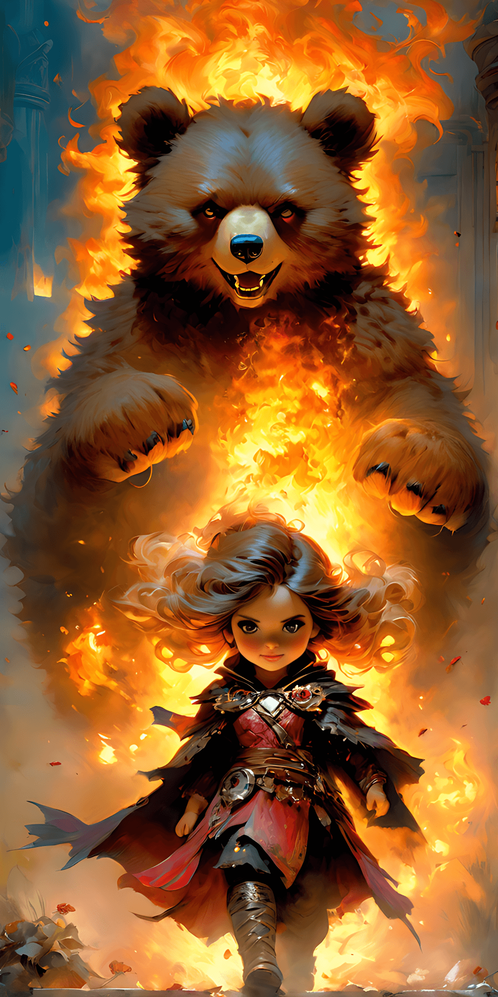 AI generated: Character of the game, villainess Annie is a child firemage with immense pyromantic power, summoning...