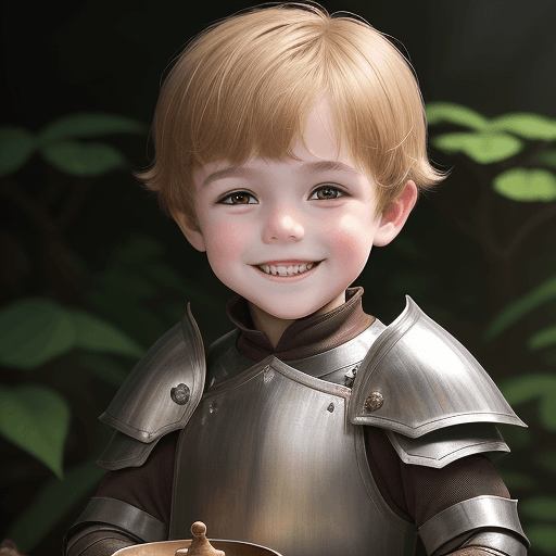 AI generated: young boy, 4 year old, dark brown eyes, very round face, hanging honey blond hair, short bowl-cut wi...