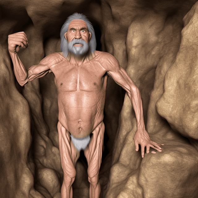 AI generated: the whole body of both a very old prehistoric caveman standing in a prehistoric cave, talking, front...