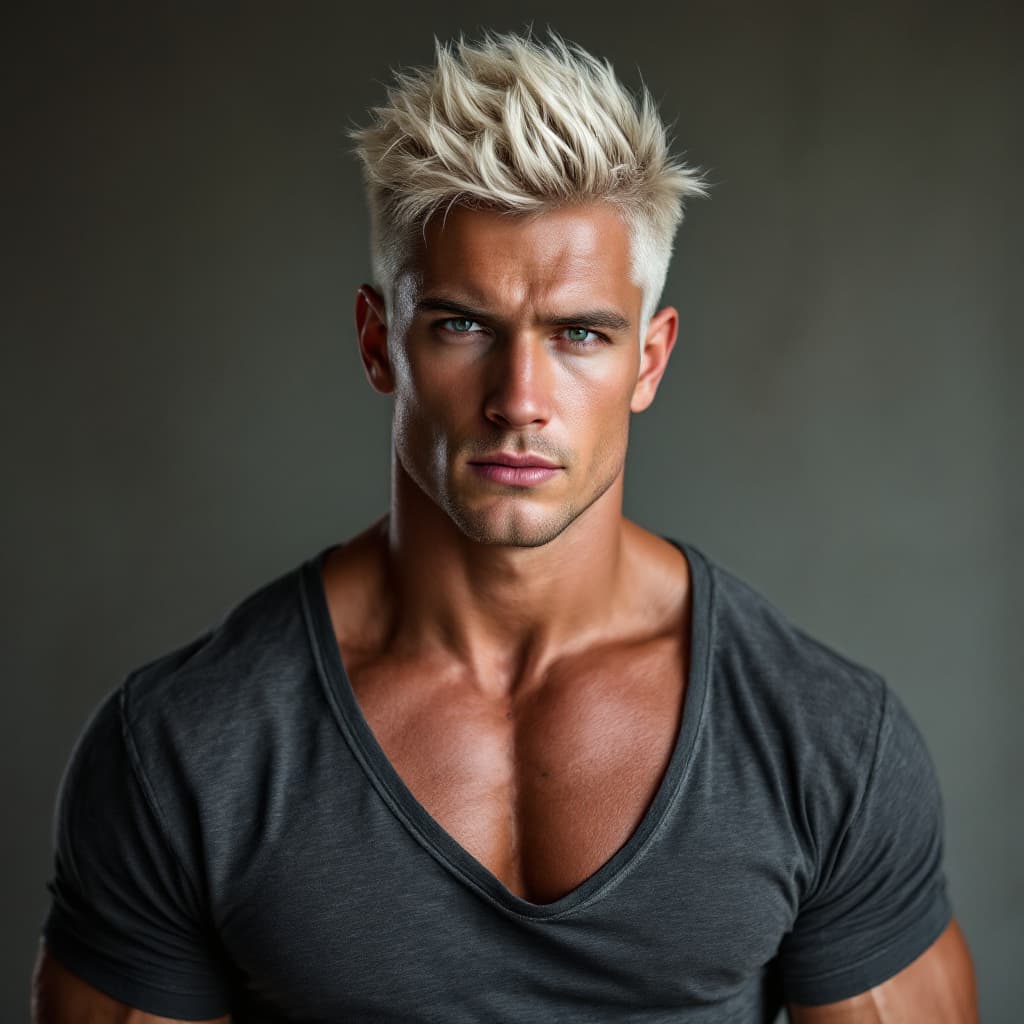 AI generated: Portrait of a strong 25-year-old white American man, platinum blonde short sides with wavy top, rugg...