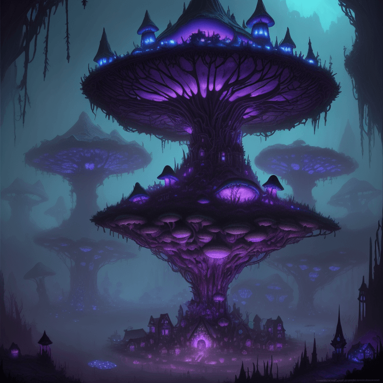 AI generated: concept art detailed painting of a dark purple fantasy fairytale fungal town made of mushrooms, with...