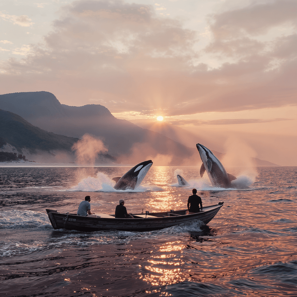 AI generated: A magical ocean sunrise: the sun rises between lush green mountains in the background, painting the ...