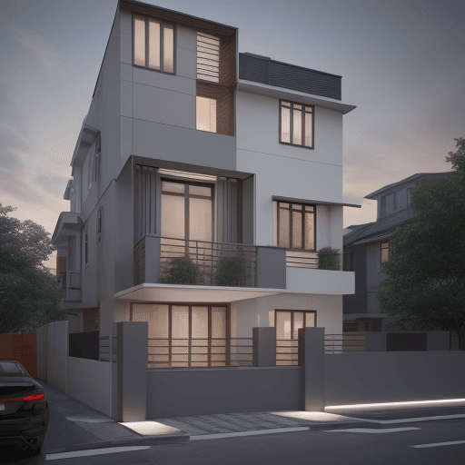 AI generated: 3 story residential house front exterior design, 24x40 size row house, modern look, use night lights...