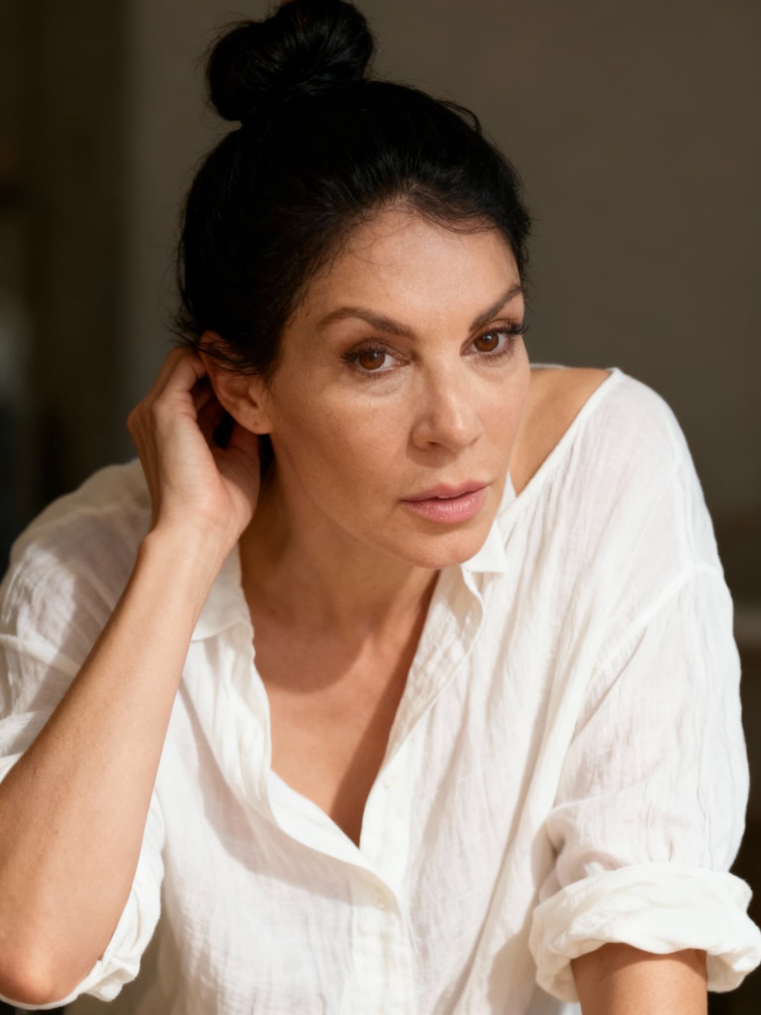AI generated: Date night with a beautiful mature female instagram influencer. She has dark brown eyes, silky and s...