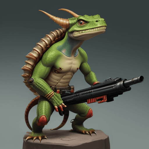 AI generated: chibi lizardman in a Yautja gun mounted on shoulder