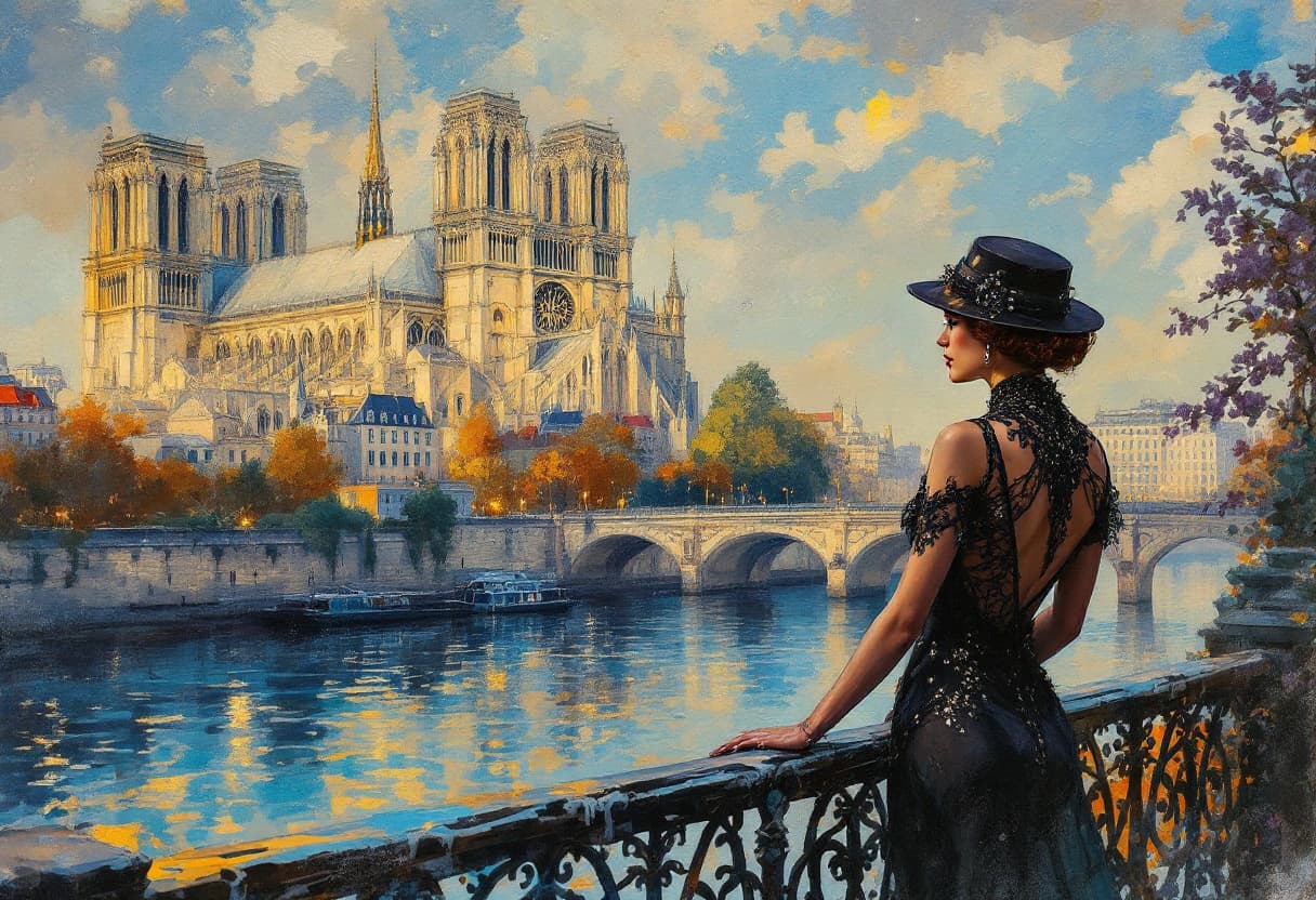 AI generated: An elegant woman from the Roaring Twenties stands on the banks of the Seine in Paris looking at the ...