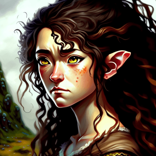 AI generated: A fantasy Anime style painting wide portrait of female hobbit art character with curly brown messy h...