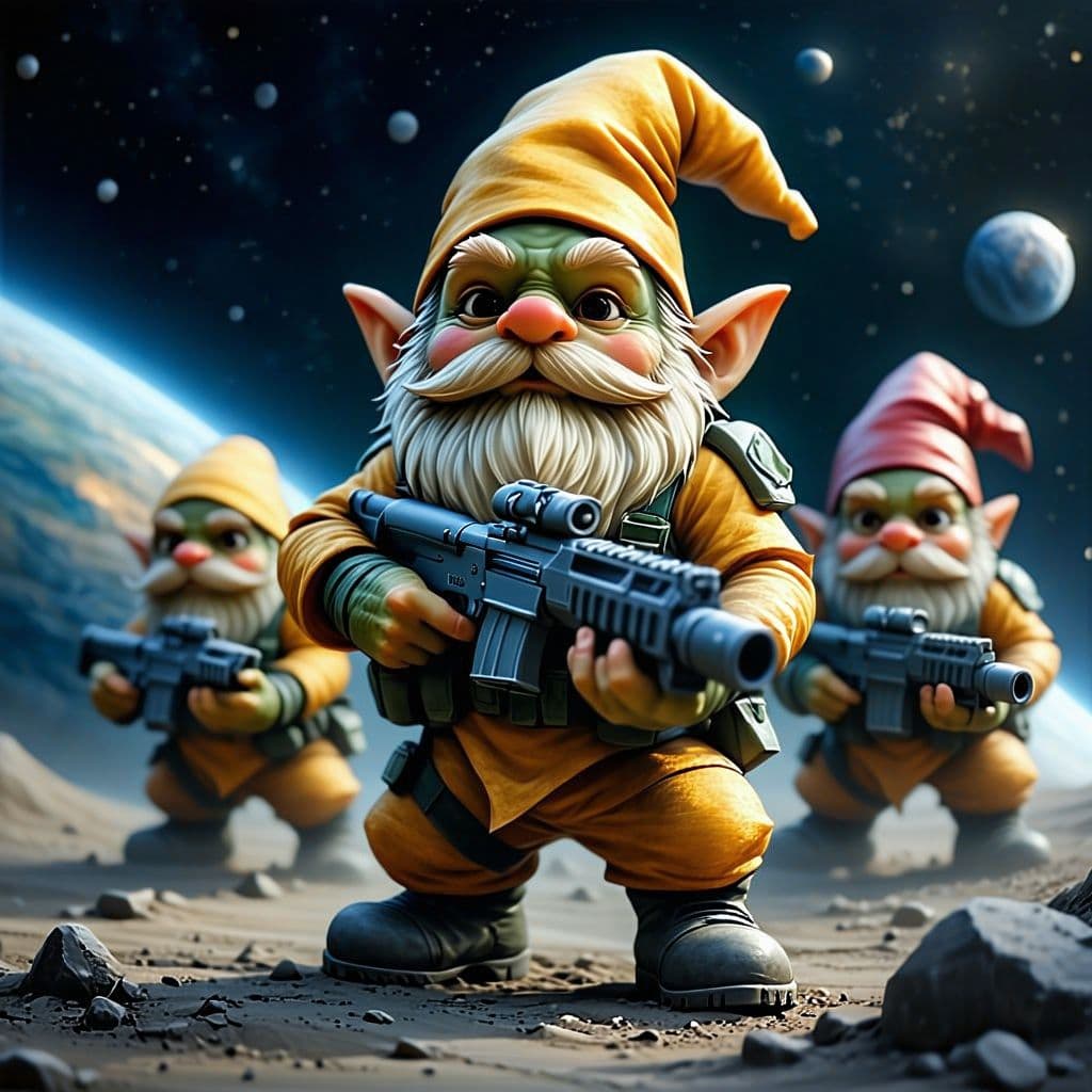 AI generated: elite gnome special forces, fight worms, in space, ultimate battleground, masters, heroes, medium qu...
