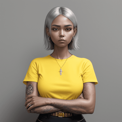 AI generated: a woman in yellow shirt with her arms folded against , in the style of tattoo, normcore, dark silver...