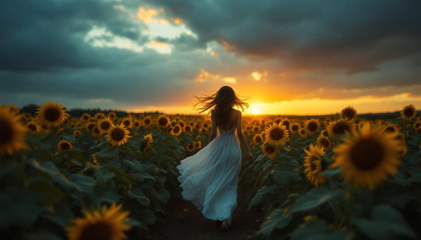 AI generated:  field of sunflowers at sunset, he soft petals surround, creating a contrast with the darkened skies...