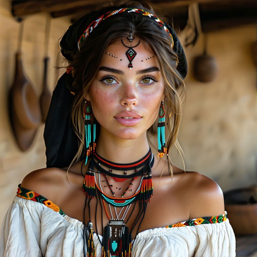 AI generated: Brunette juicy girl, Beautiful looking gypsy greek girl, the whole face, shoulders and chest are pie...