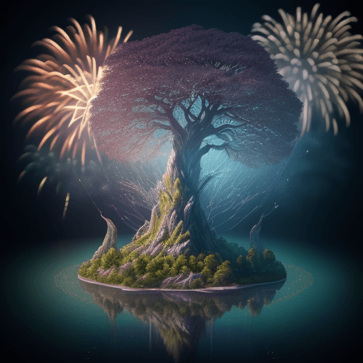 AI generated: 100 mm shot, cinematic shot, award winning CGI, perfect angle, (island Yggdrasil tree, middle of the...