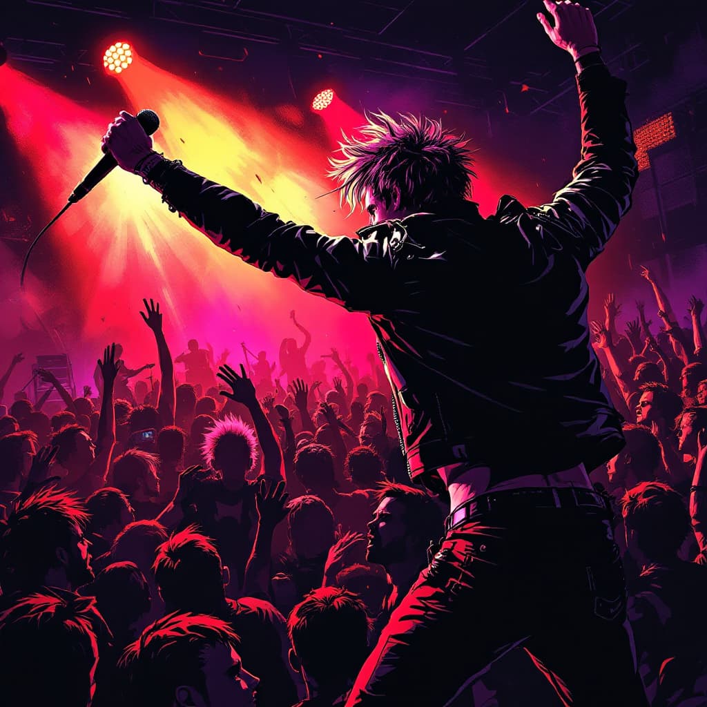 AI generated: Ein energiegeladenes Punkrock-Konzert in einer überfüllten, dunklen Clubszene. Der Sänger, ein rebel...