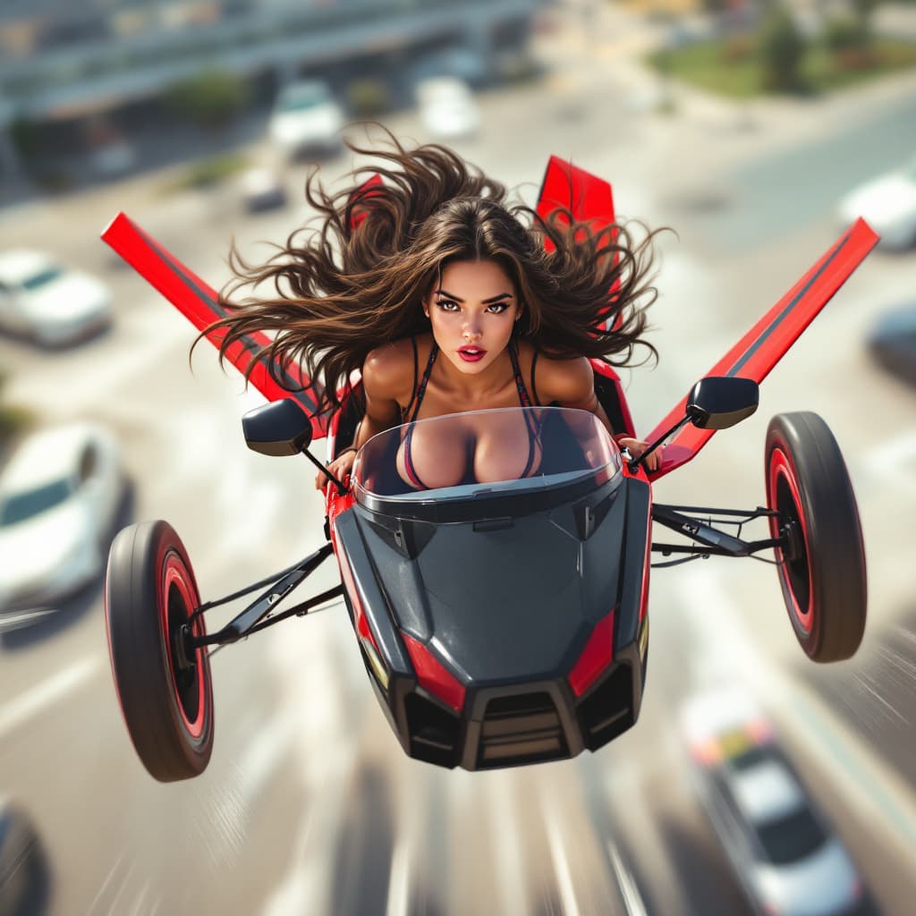AI generated: YOUNG LATINA WITH LONG BROWN HAIR, FLYING IN A BLACK AND RED THREE-WHEELED SLINGSHOT. THE SLINGSHOT ...