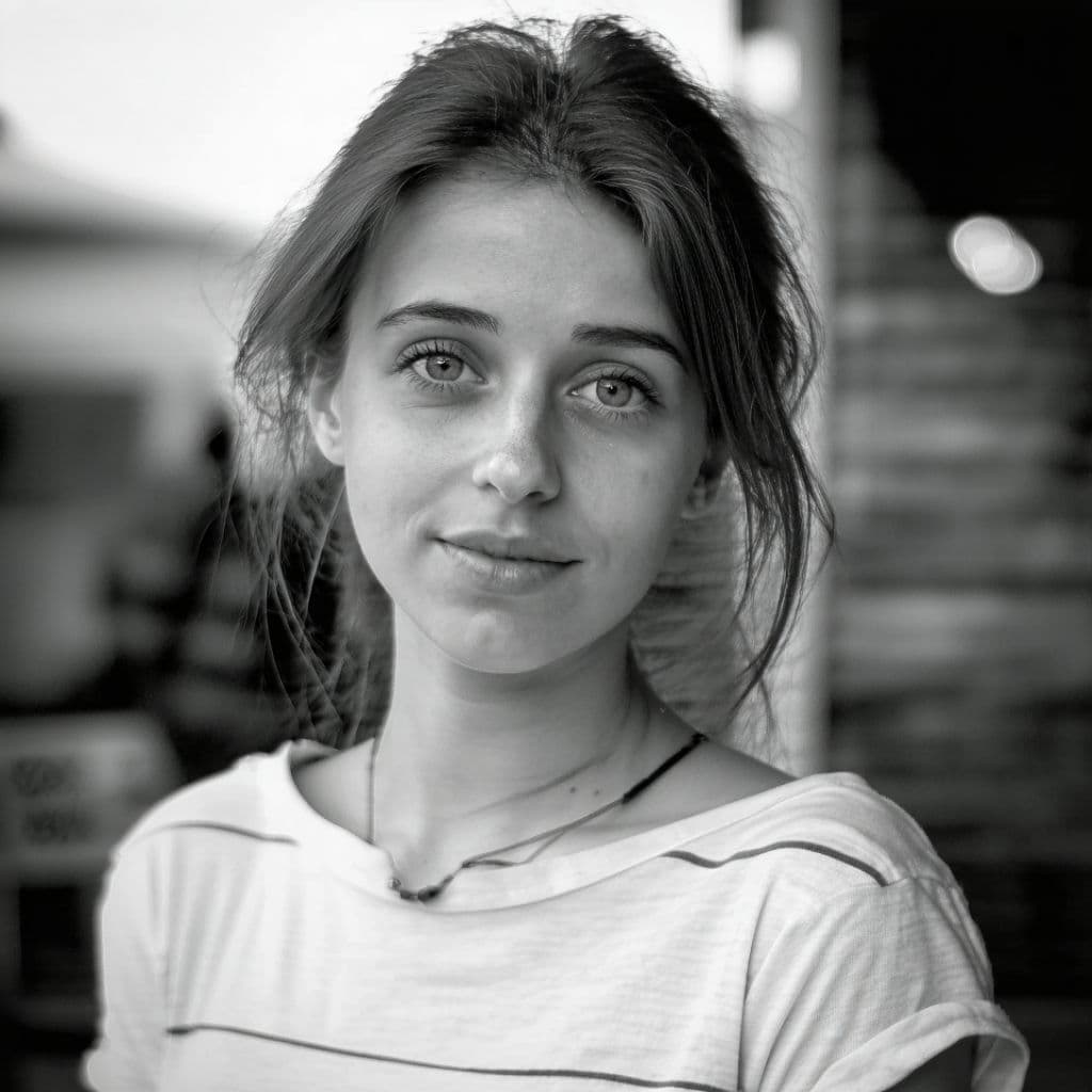 AI generated: 22 years old girl portrait black and white picture looking at you