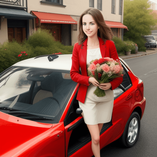 AI generated: a beutiful girl delivering flowers, driving a small red car.