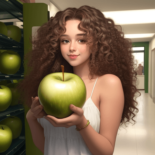AI generated: a beautiful girl with long curly beautiful curls holds a large green apple in her hand