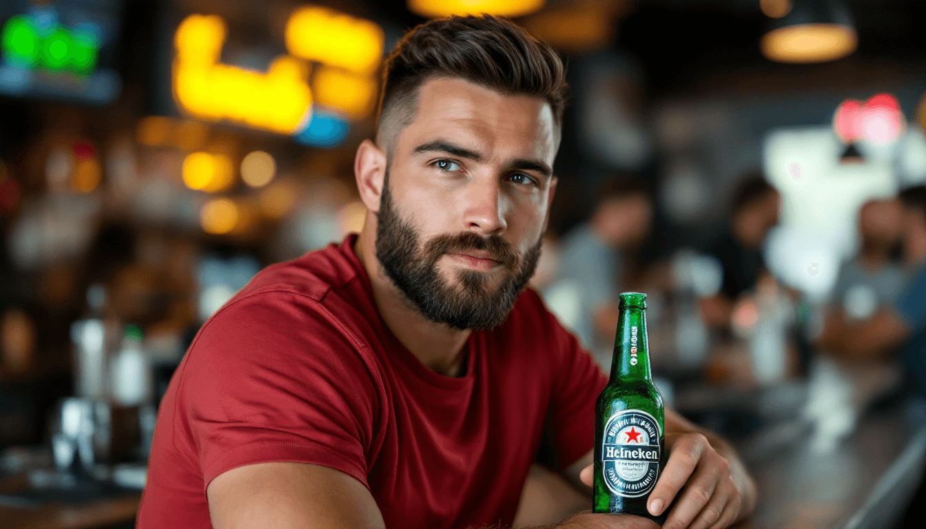 AI generated: realistic photo of a man, short burst-taper dark hair, trimmed beard, wearing straight-cut blue jean...