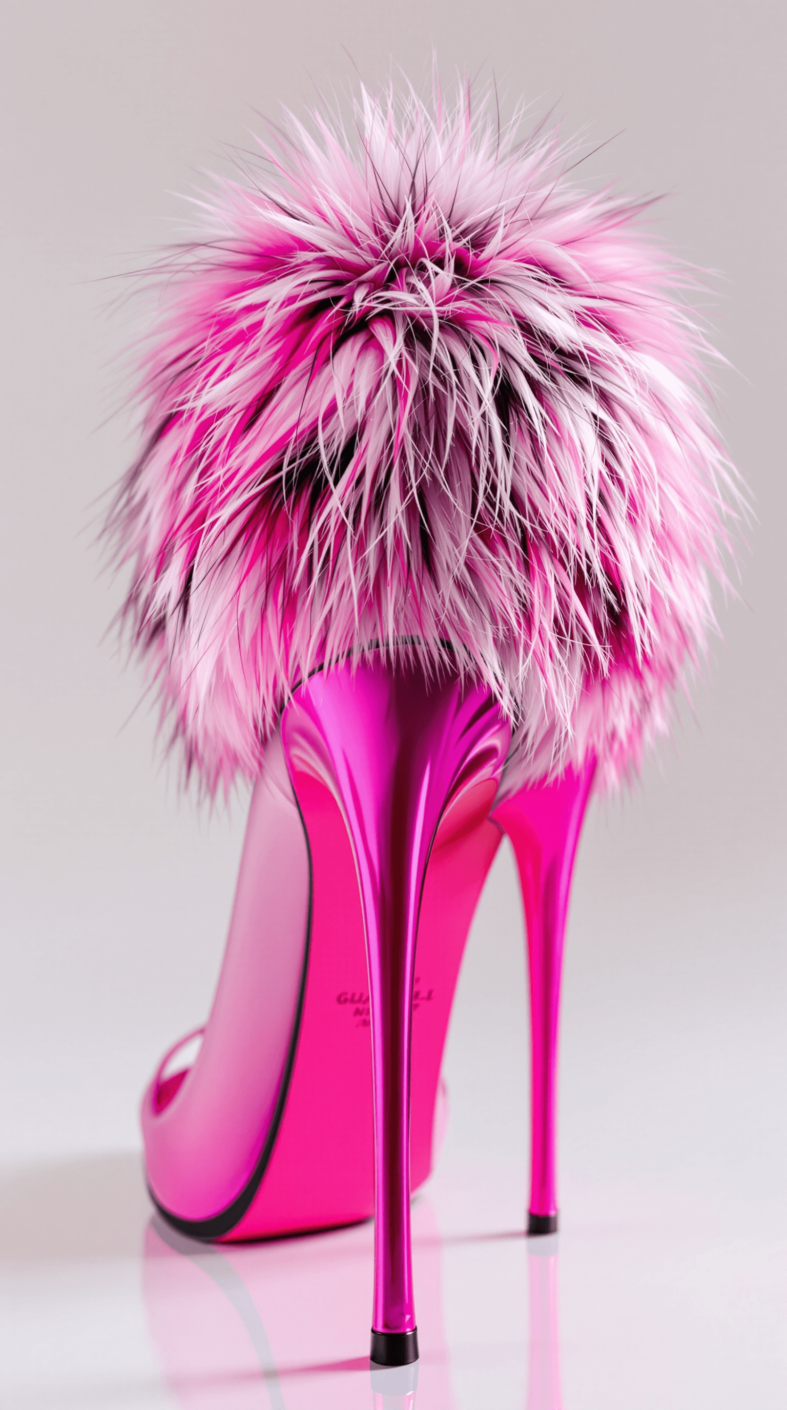 AI generated: A extrem sexy high pink high heel with a fur Band and the text "GLOBAL NIGHT"