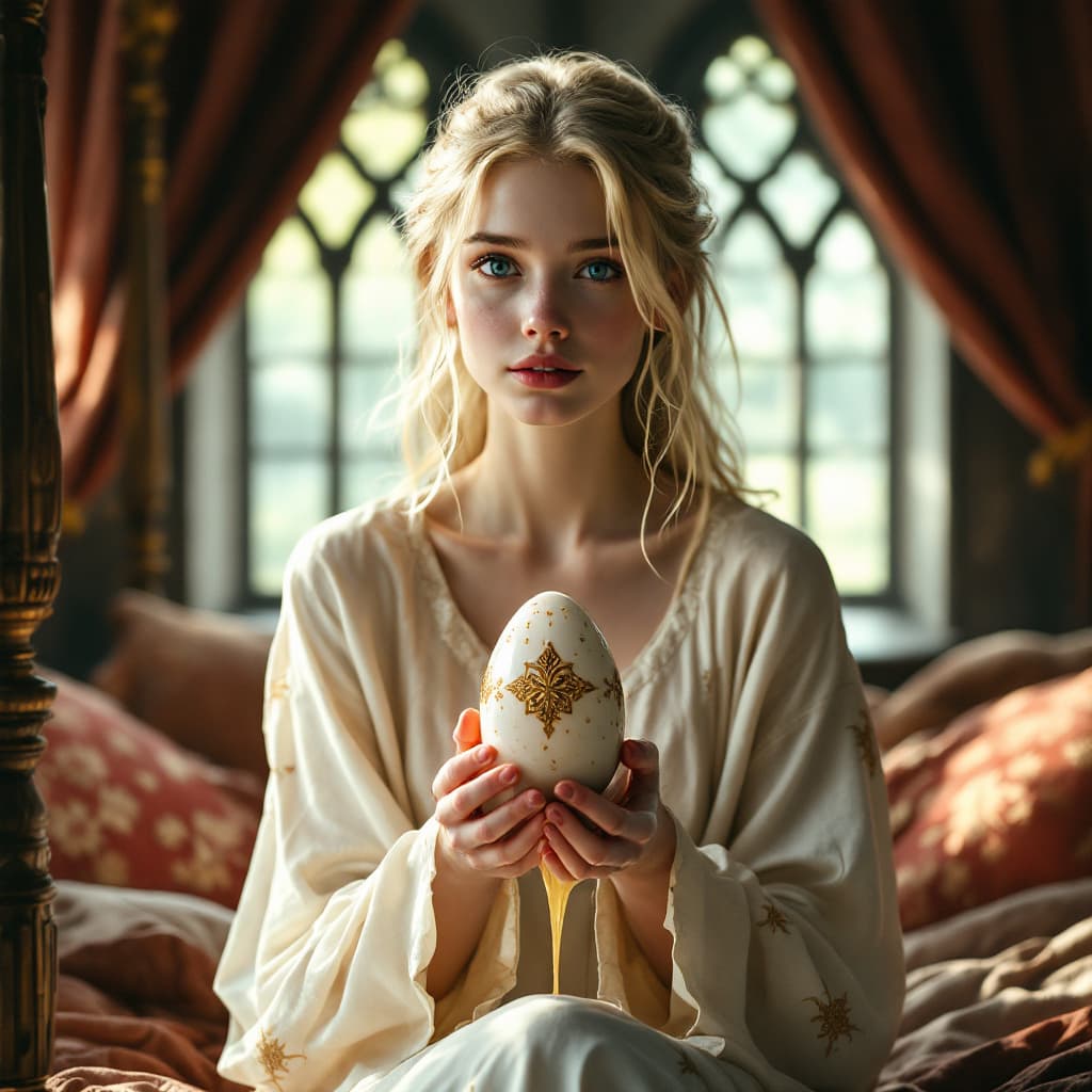 AI generated: a blond young lady with blue eyes and pale skin, sitting on a four-poster bed in a hogwarts dorm. Su...