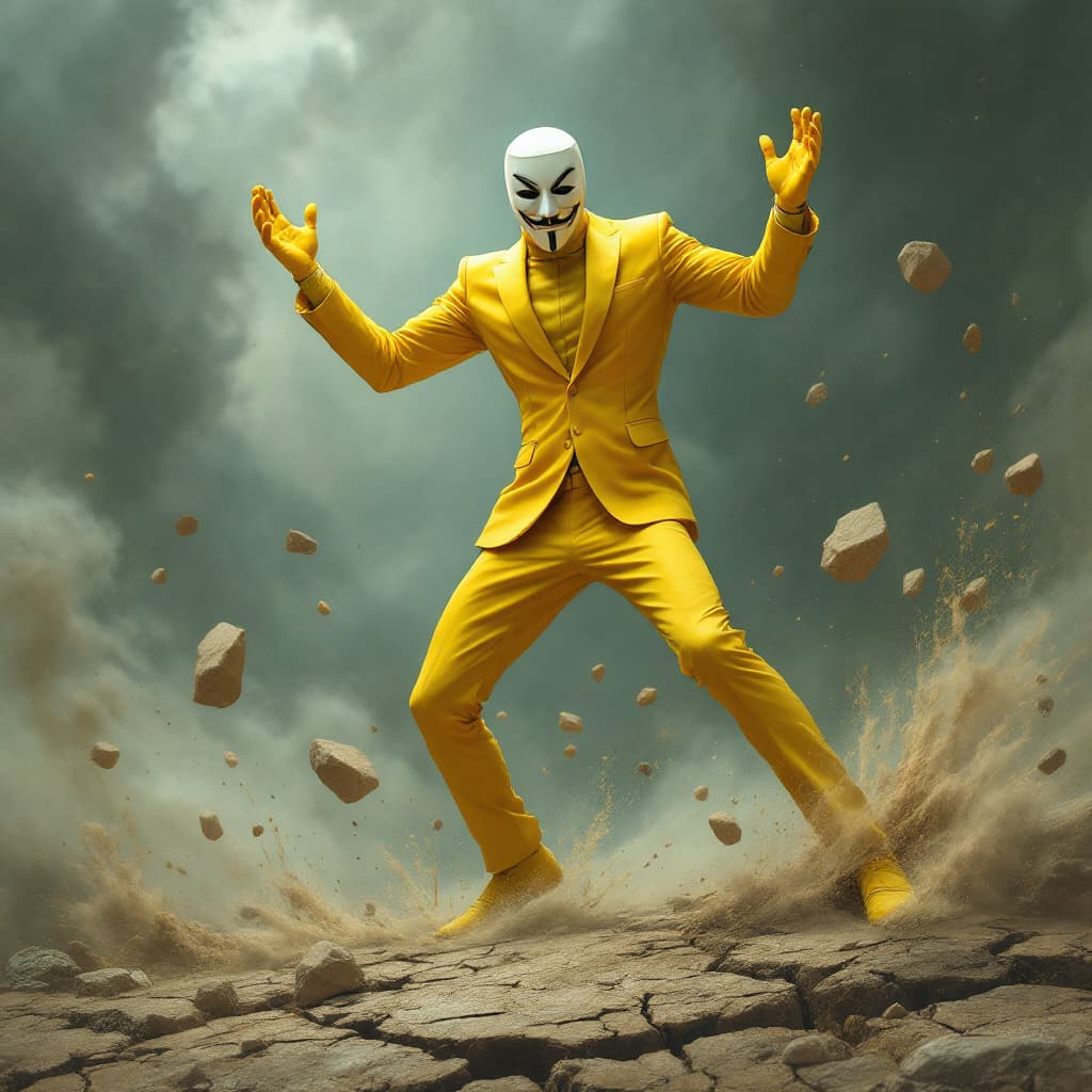 AI generated: A heroic figure wearing a bright yellow suit, with a white mask resembling the one from 'V for Vende...