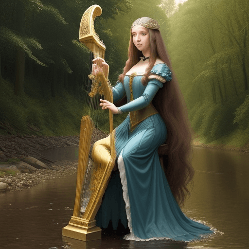 AI generated: a beautiful long hair medieval lady, full body, paying harp by the river in the forest