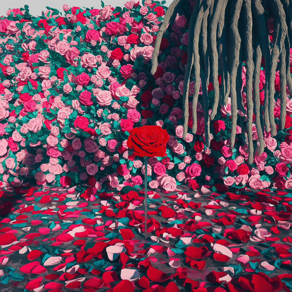 AI generated: A red rose shines in front of an immense rose bush that creates a surreal wall of more various color...