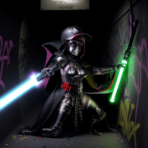 AI generated: Madonna as a mummified demon priest who is apparently immortal is in a lightsaber graffiti battle wi...
